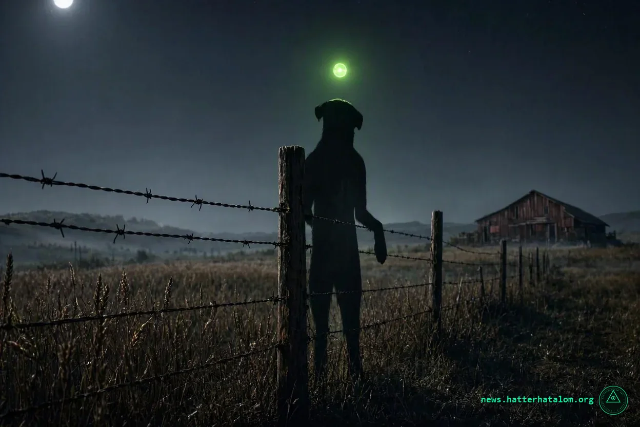 Éjszakai farm, kerítés mellett kutyaszerű árnyalak áll, felette zöld fénygömb lebeg, sötét filmszerű hangulat, corporate conspiracy aesthetic
