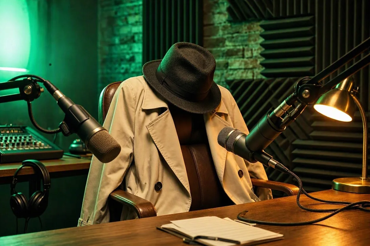 Podcaststúdió éjszaka, a vendégszéken egy üres kabát és kalap